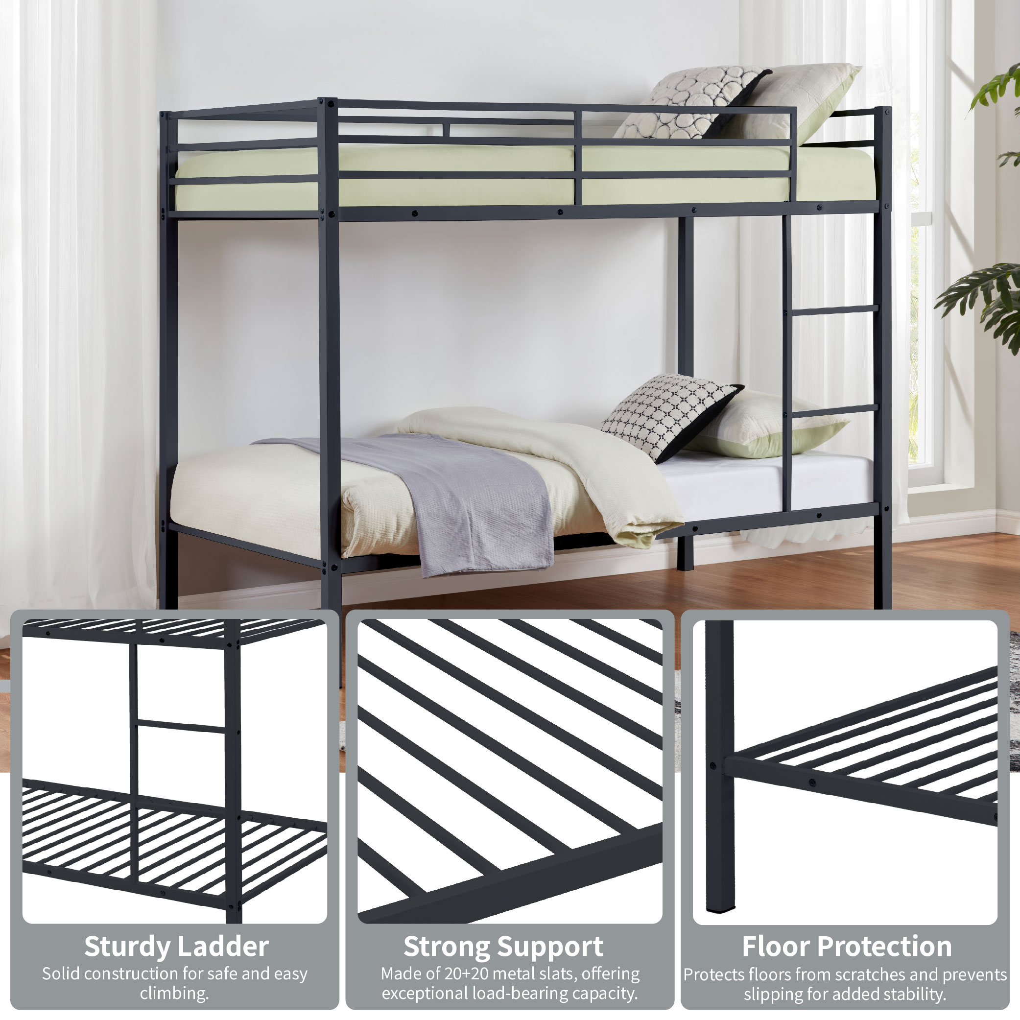 Metal Bunk Bed Twin Over Twin, Low Profile Bunk Bed Frame withBuilt-in Ladder, High Guardrail and Metal Slats, Space-Saving Twin Size Bed Frame for Kids Teens, No Box Spring Required, Black Metal Bunk Bed Twin Over Twin, Low Profile Bunk Bed Frame withBuilt-in Ladder, High Guardrail and Metal Slats, Space-Saving Twin Size Bed Frame for Kids Teens, No Box Spring Required, Black